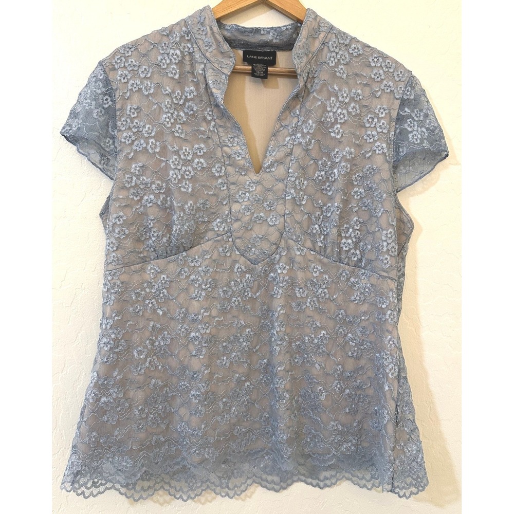 Lane Bryant Blue Floral Lace Cap Sleeve Top Size 14/16 Coquette Cottagecore